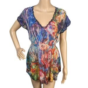 Vtg Y2K Mushka Sienna Rose Colorful Floral Embroidered Chiffon Tunic Top SZ M